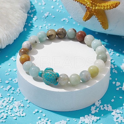 Natural Flower Amazonite & Synthetic Turquoise Turtle Beaded Stretch Bracelet BJEW-JB09699-01-1