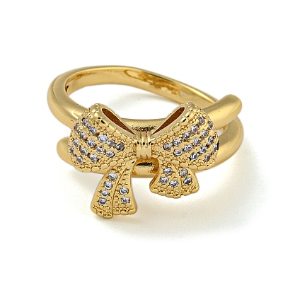 Bowknot Brass Micro Pave Clear Cubic Zirconia Double Rings RJEW-Z050-25G-1