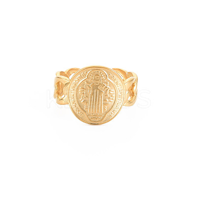Ion Plating(IP) 304 Stainless Steel Flat Round with Jesus Wide Open Cuff Ring for Women RJEW-S405-184G-1