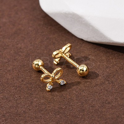 Bowknot 925 Sterling Silver Micro Pave Clear Cubic Zirconia Stud Earrings EJEW-K317-12G-1