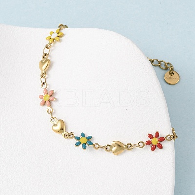 Flower & Heart 304 Stainless Steel Link Bracelets for Women BJEW-F524-06A-G-1