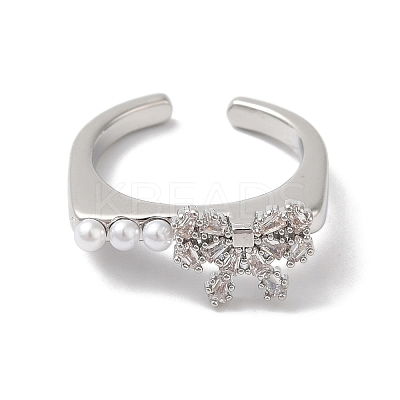 Rack Plating Brass Cubic Zirconia Bowknot Open Cuff Rings for Women RJEW-S407-05P-1