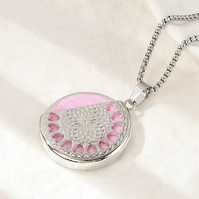316 Surgical Stainless Steel Aromatherapy Diffuser Perfume Hollow Flat Round Pendant Box Chain Necklaces NJEW-R016-01P-03-1