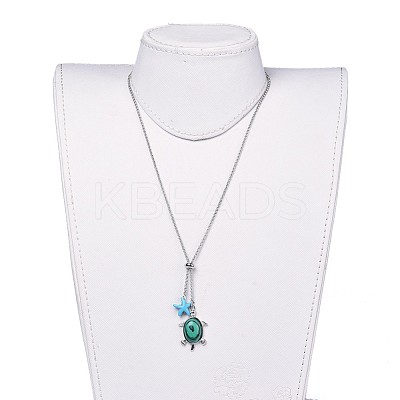 Tortoise Brass Synthetic Malachite Lariat Necklaces NJEW-JN02456-01-1