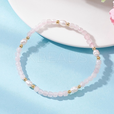 Natural Rose Quartz & Cultured Freshwater Pearl Beads Stretch Bracelets for Women BJEW-JB12734-01-1