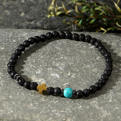 Natural Lava Rock & Synthetic Turquoise Round & Synthetic Non-magnetic Hematite Corss Beaded Stretch Bracelets LS-SL0705-1