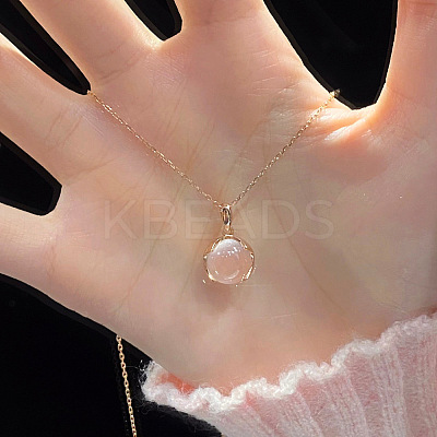 Flat Round Brass Pave Natural Rose Quartz Pendant Necklaces for Women WG46560-02-1