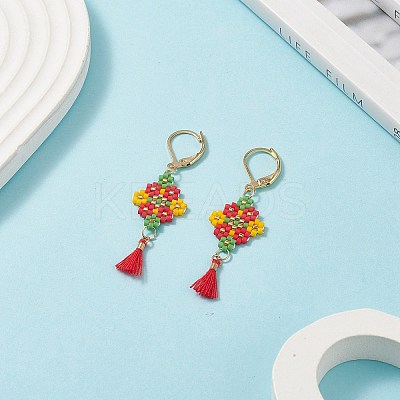 Glass Seed Braided Rhombus with Cotton Tassel Dangle Leverback Earrings EJEW-MZ00042-1