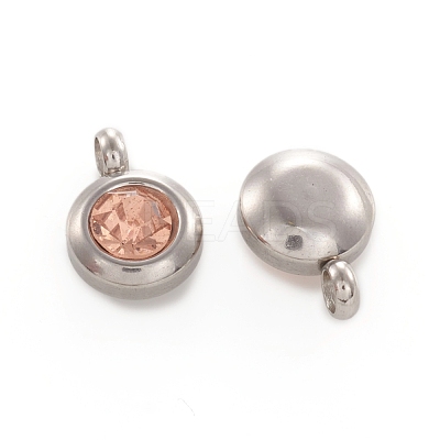 Trendy Original Color 304 Stainless Steel Faceted Grade A Rhinestone Flat Round Charms Pendants RB-N030-01P-1