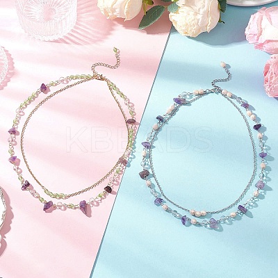 2Pcs 2 Styles Natural Amethyst Chip & Glass & 304 Stainless Steel Handmade Link Chain Double Layer Necklaces for Women NJEW-JN05363-1
