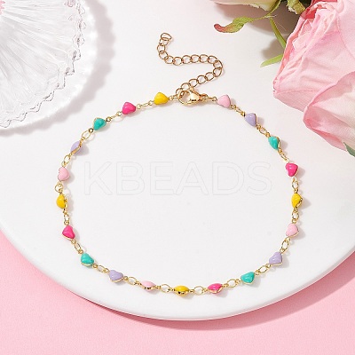 Brass Enamel Heart Link Chain Anklet AJEW-AN00552-1