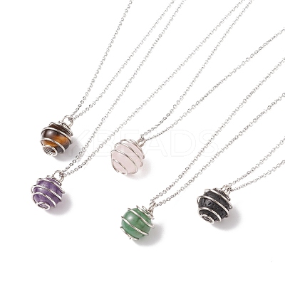 Natural Gemstone Cage Pendant Necklace with 304 Stainless Steel Cable Chains for Women NJEW-JN03905-01-1