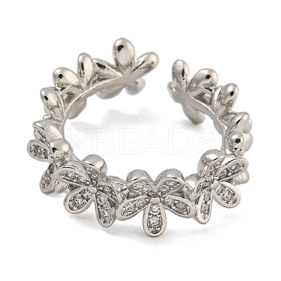 Flower Rack Plating Brass Micro Pave Cubic Zirconia Open Cuff Rings for Women RJEW-I107-06P-1