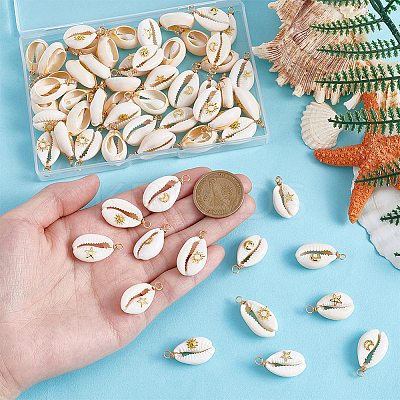 60Pcs 6 Styles Natural Cowrie Shell Pendants PALLOY-ME00013-1