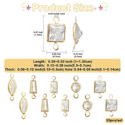 30Pcs 5 Styles Brass Pave Clear Cubic Zirconia Links Connector Charms ZIRC-FS0001-04-1