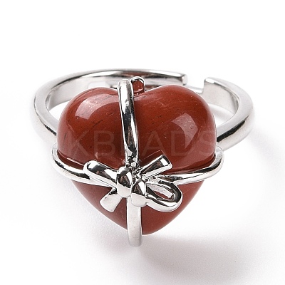 Gemstone Heart with Bowknot Adjustable Ring RJEW-P031-02P-1