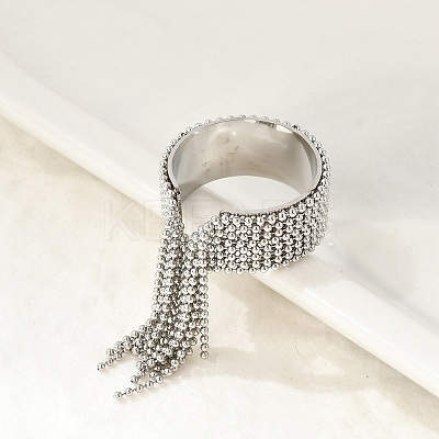 Round Ball Tassel 304 Stainless Steel Cuff Rings for Women RJEW-U039-03P-1