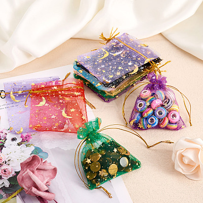 100Pcs 10 Colors Star & Moon Printed Organza Gift Bags OP-YS0001-02B-1