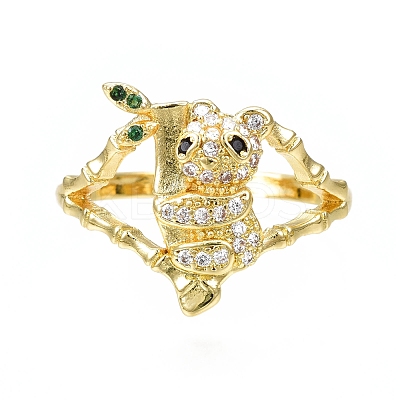 Cubic Zirconia Panda with Bamboo Open Cuff Ring RJEW-SZ0001-28-1