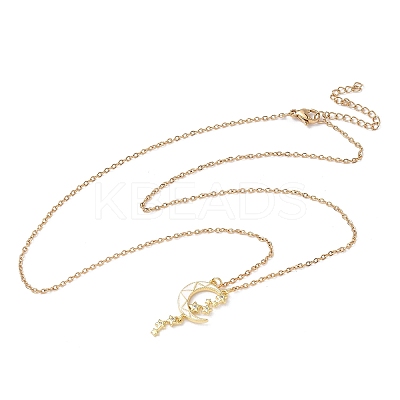 Brass Micro Pave Clear Cubic Zirconia White Moon with Star Pendant 304 Stainless Steel Chain Necklaces for Women NJEW-D341-11G-1