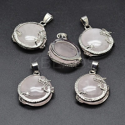 Flat Round with Dragon Platinum Plated Brass Natural Rose Quartz Pendants G-F228-24J-RS-1