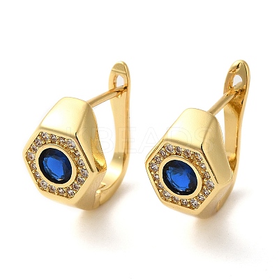 Real 18K Gold Plated Brass with Cubic Zirconia Hexagon Hoop Earrings KK-Z033-30B-1
