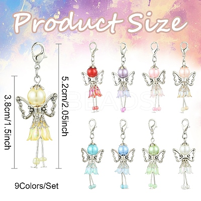 9Pcs 9 Colors Angel Acrylic & Alloy & Platic Beads Pendant Decoration HJEW-YW00083-1
