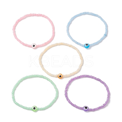 5Pcs 5 Colors Evil Eye Resin & Glass Seed Beaded Stretch Bracelet Sets BJEW-JB10477-1