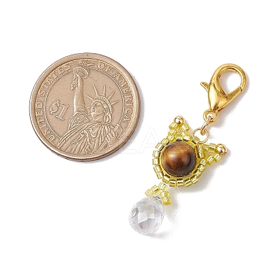 Natural Tiger Eye & Glass Seed Beaded Cat Pendant Decoration HJEW-MZ00157-03-1