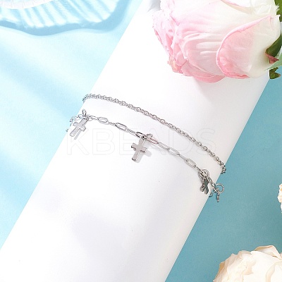 2Pcs 2 Styles 304 Stainless Steel Cable Chain Paperclip Chain Charm Double Layer Anklets for Women AJEW-AN00740-03-1
