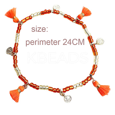 Bohemian Style Alloy Coin Charm Tassel Plastic Seed Beaded Stretch Anklets FS-WGB8A48-06-1
