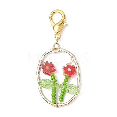 Oval with Flower Glass Seed Bead & Lampwork & Alloy Pendant Decoraitons HJEW-MZ00351-05-1