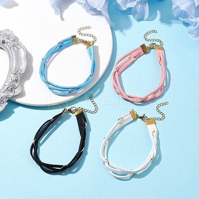 4Pcs 4 Colors Faux Suede Cord Multi-strand Bracelets with 304 Stainless Steel Rings for Women BJEW-JB10404-1