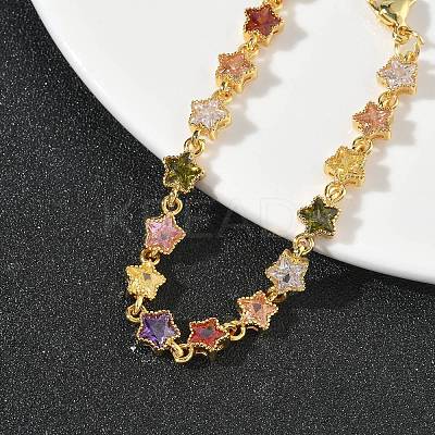 Star Brass Pave Cubic Zirconia Link Chain Bracelets for Women BJEW-P385-03G-1