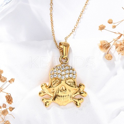 304 Stainless Steel Crystal Rhinestone Skull Pendant Necklaces NJEW-Z057-03C-G-1