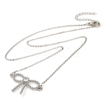 Brass Clear Cubic Zirconia Bowknot Pendant Necklaces NJEW-F326-03P-1