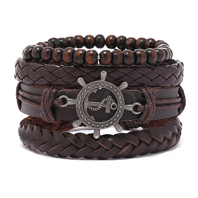 4Pcs 4 Styles Wood Beads Stretch Braceletas & Alloy Artificial Leather Cord Bracelet Sets for Men FS-WG9743B-07-1