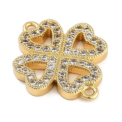 Rack Plating Brass Micro Pave Clear Cubic Zirconia Clover Connector Charms KK-A234-042G-1