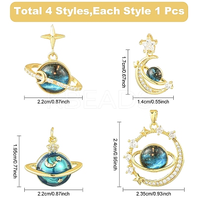 4Pcs 4 Styles Rack Plating Brass Micro Pave Cubic Zirconia Pendants KK-YW0002-79-1