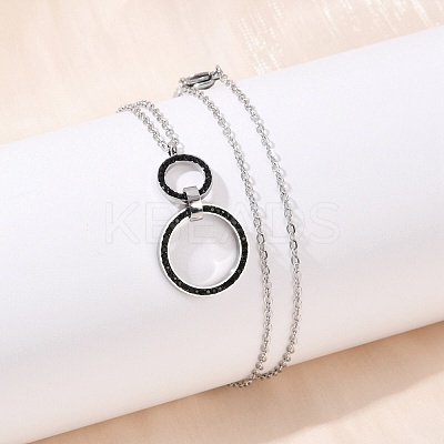 304 Stainless Steel Jet Rhinestone Double Rings Pendant Necklaces NJEW-V001-04P-1