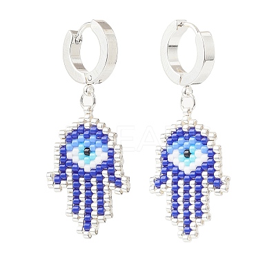 Glass Seed Braided Hamsa Hand with Evil Eye Dangle Hoop Earrings EJEW-MZ00008-1