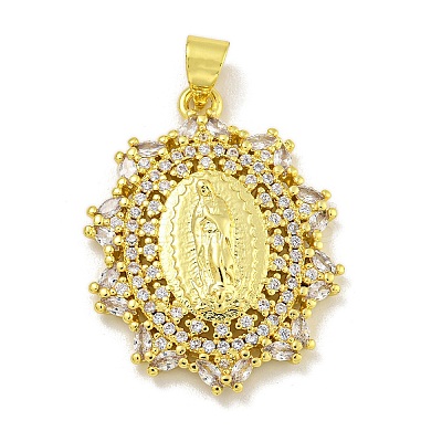 Virgin Mary Theme Rack Plating Brass Micro Pave Cubic Zirconia Pendants KK-C074-23G-02-1