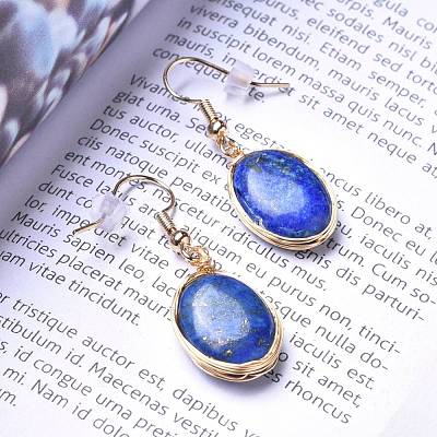 Wire Wrapped Natural Lapis Lazuli Dangle Earrings EJEW-JE04283-03-1