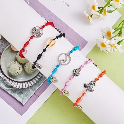 Natural Cowrie Shell & Tree & Turtle & Wave Link Bracelets Set BJEW-SW00030-1