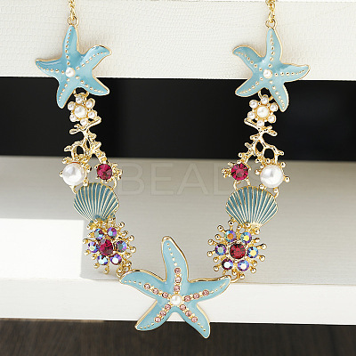 Summer Beach Alloy Enamel & Rhinestone Bib Necklaces NJEW-Z052-01G-1