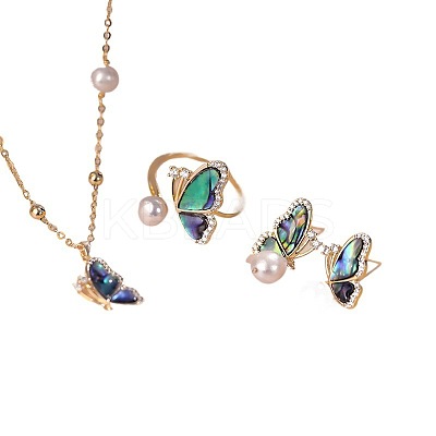 Brass Cubic Zirconia & Abalone Shell & Imitation Pearl Jewelry Set FS-WG1B634-01-1
