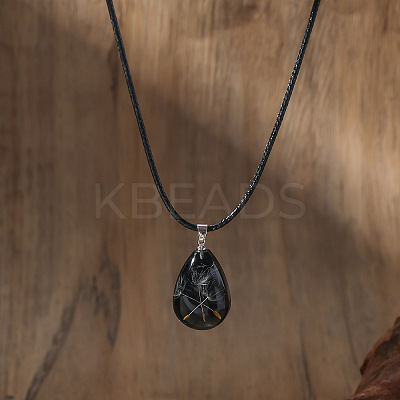Dandelion Seed in Teardrop Resin Wish Pendant Black Cord Necklaces for Women WGE62B3-06-1