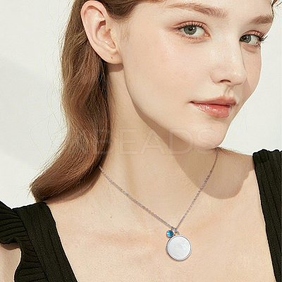 Stainless Steel Pave Natural White Shell Flat Round Magnetic Locket Pendant Necklaces for Women NJEW-NB00013-1