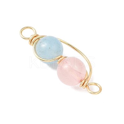Copper Wire Wrapped Natural Rose Quartz & Dyed Blue Quartz Round Beded Links Connector Charms PALLOY-JF04678-01-1
