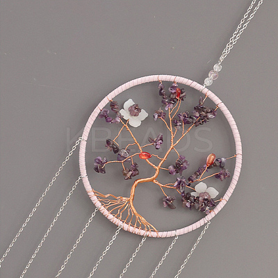 Brass Wire Wrapped Natural Amethyst Chips Tree of Life Pendant Decorations HJEW-D302-01-1